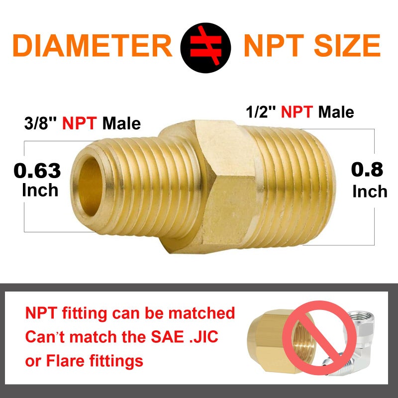 Legines Brass Reducing Hex Nipple, 1/2" NPT Male x 3/8" NPT Male Straight Connector Pipe Fitting 1200psi (Pack of 2) - Image 2